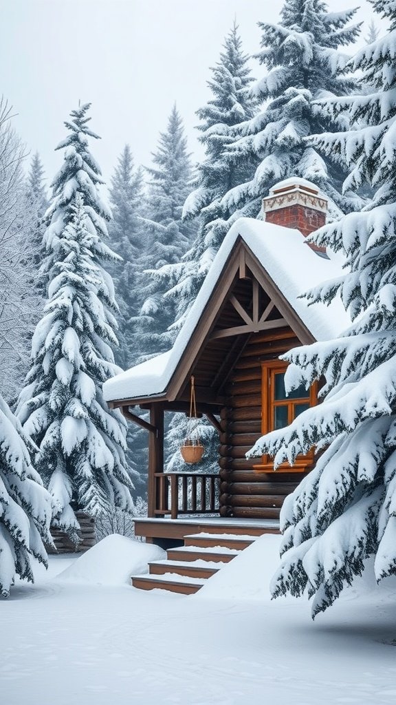 Rustic log cabin with a snowy roof surrounded by tall snow-covered trees.