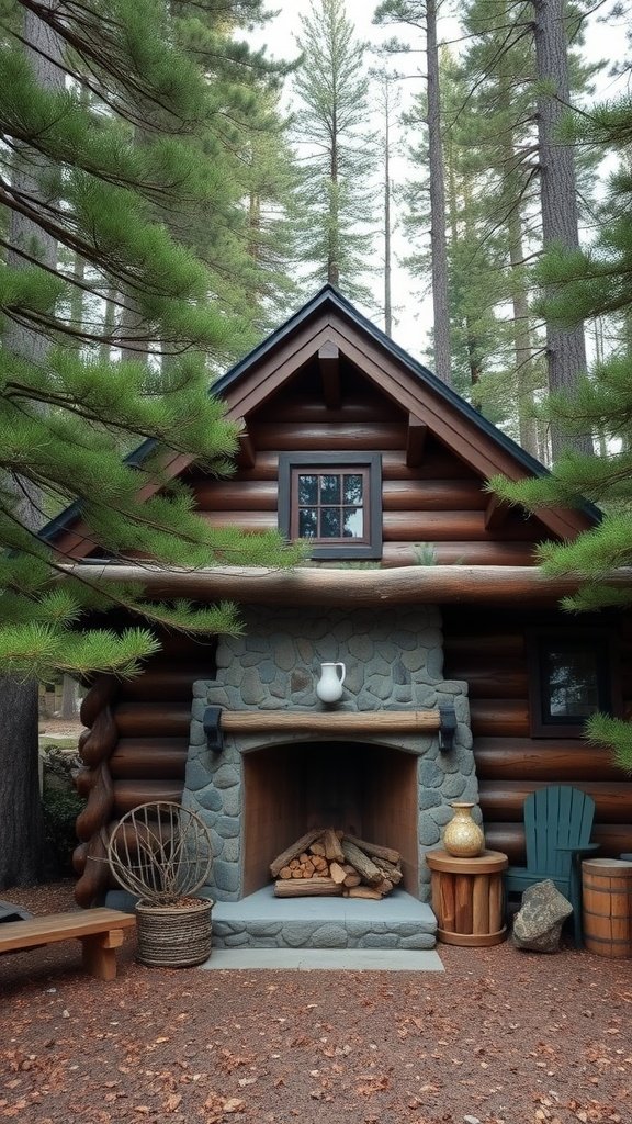 A rustic log cabin surrounded by pine trees, featuring a stone fireplace and cozy outdoor seating.