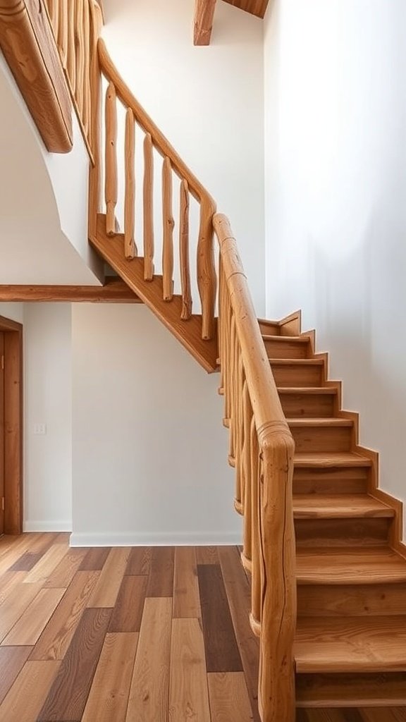 Rustic log steps with natural finish leading upwards in a modern home