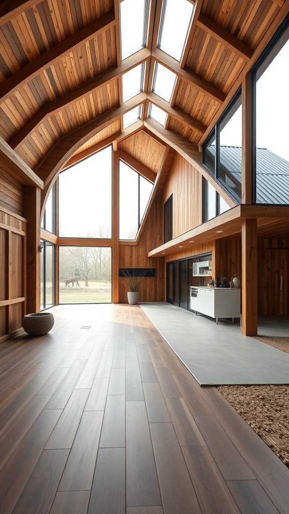 Interior of a modern barn house featuring wooden ceilings and large glass windows