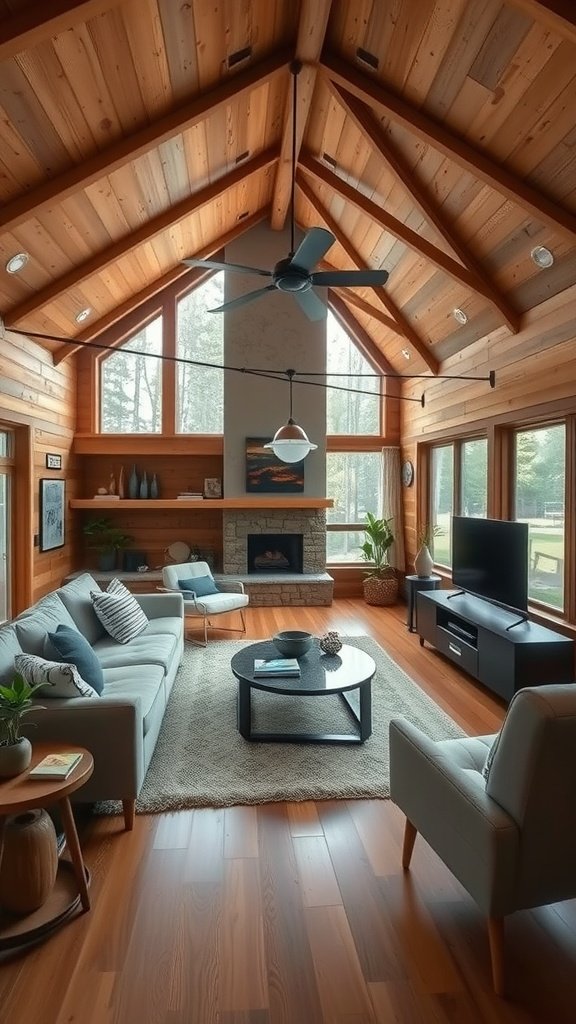 Living room of a mid-century modern cabin with wooden walls, high ceiling, and cozy seating.
