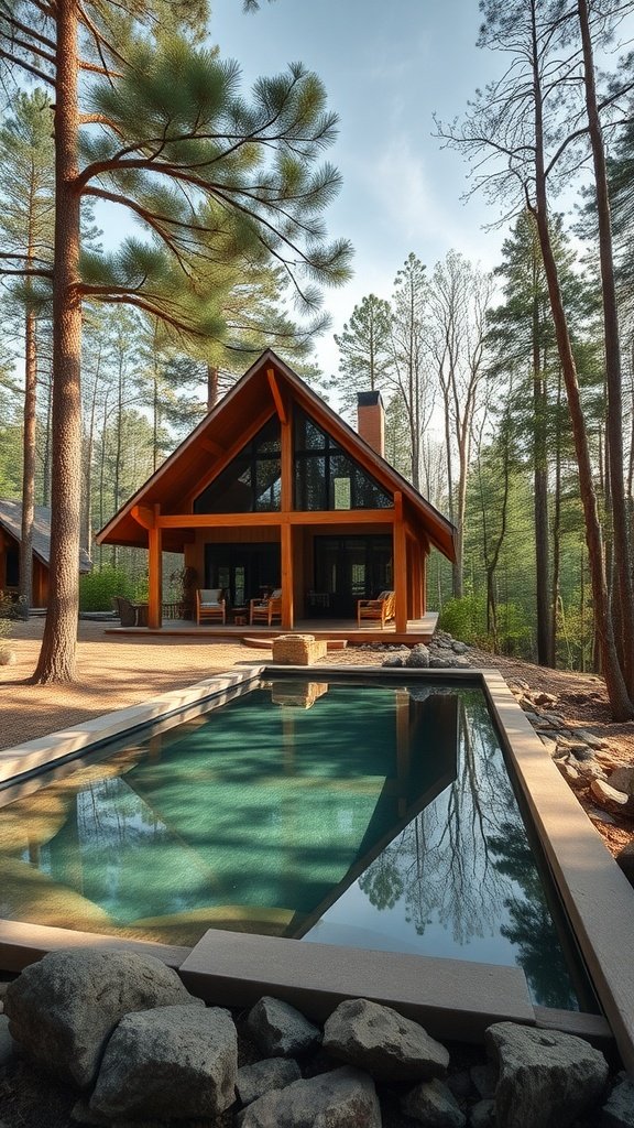 A rustic modern cabin surrounded by trees with a pool in front.