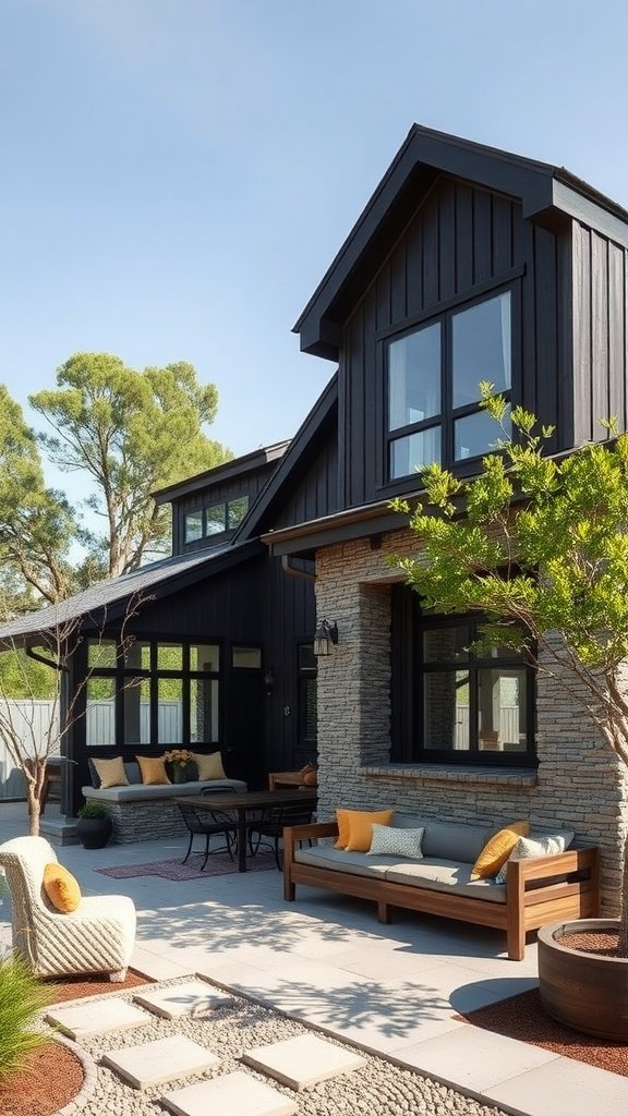 A modern house exterior showcasing a blend of dark wood and stone with outdoor seating.