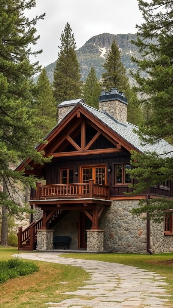 A rustic mountain lodge with stone exterior and wooden accents, surrounded by trees and mountains.