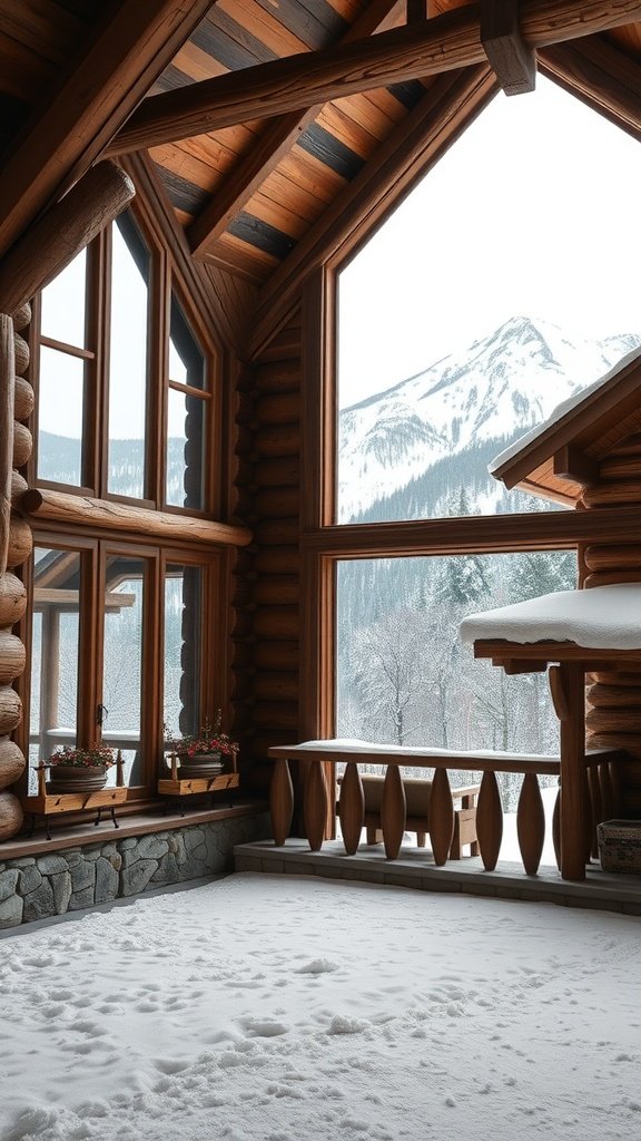 Interior view of a rustic mountain lodge with large windows showing snowy mountains outside.