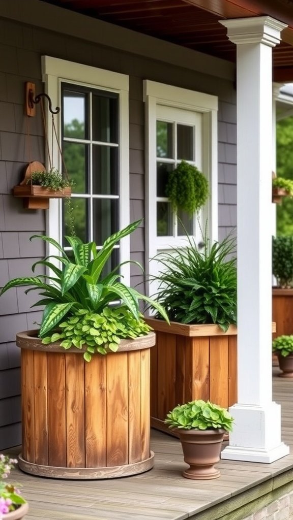 Rustic wooden planters with greenery on a farmhouse front porch