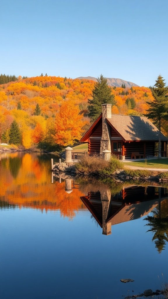 Log cabin by a calm lake surrounded by autumn foliage
