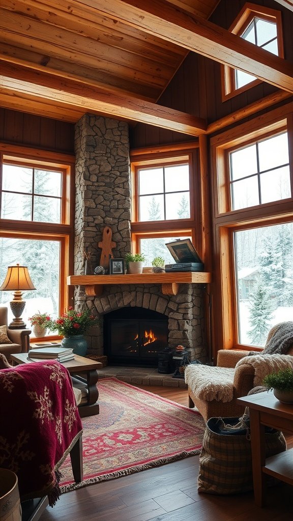 Cozy winter cabin interior featuring a stone fireplace, wooden beams, and large windows with a snowy landscape outside.