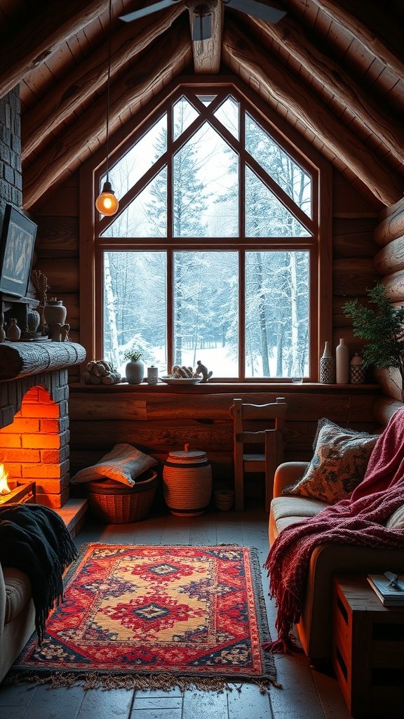 Cozy cabin interior with a large window showing snow outside, a fireplace, and comfortable seating.