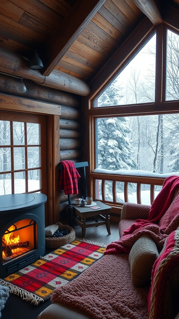 Cozy cabin interior with a fireplace and snowy view outside