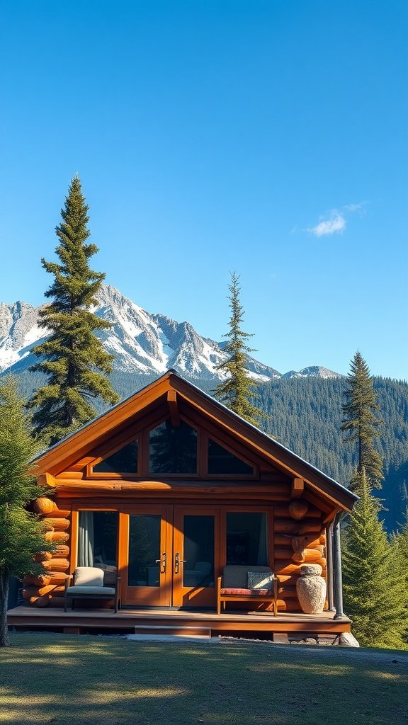 Cozy log cabin with large windows set against a mountain backdrop