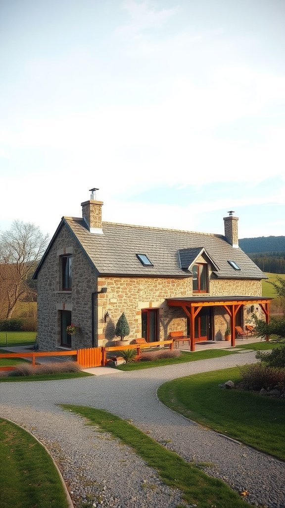 A rustic stone cottage with a modern design, featuring a wooden porch and landscaped garden.
