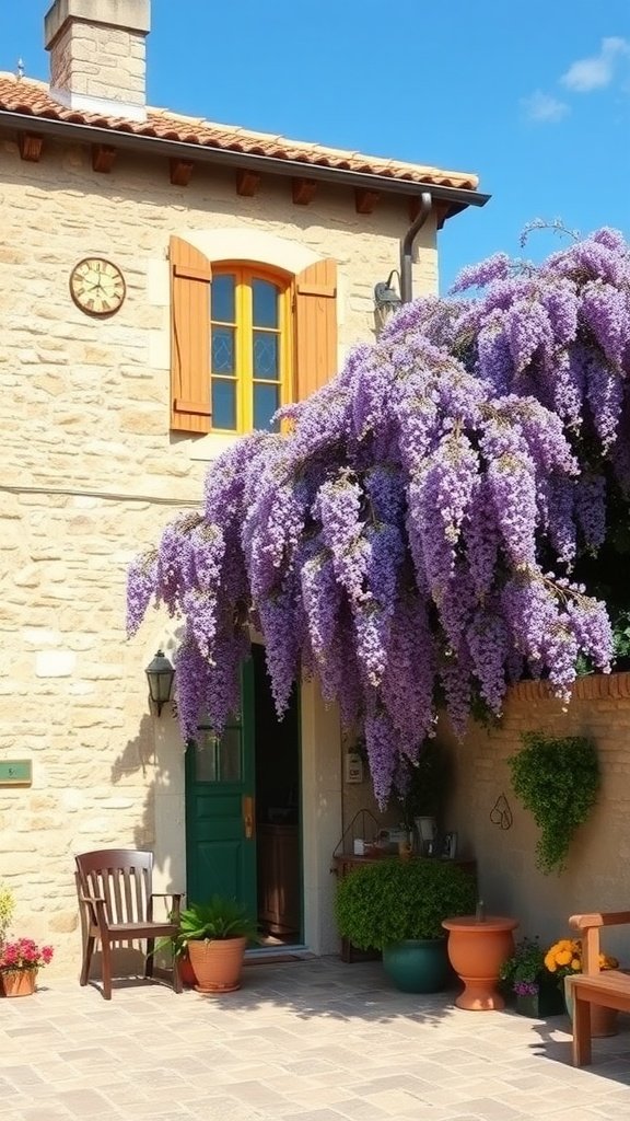 A rustic stone house with a green door and orange shutters, draped in purple wisteria, surrounded by potted plants.