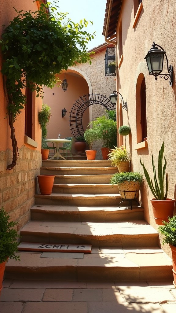 Rustic stone steps leading to a sunlit patio surrounded by plants and warm-colored walls.