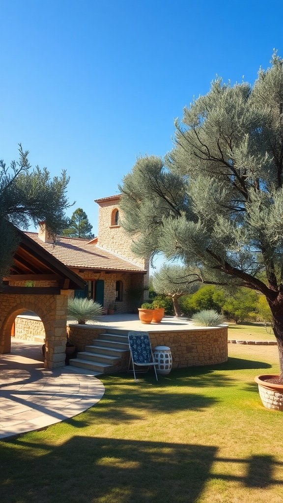 A rustic stone villa in Mallorca surrounded by green trees and a sunny blue sky.