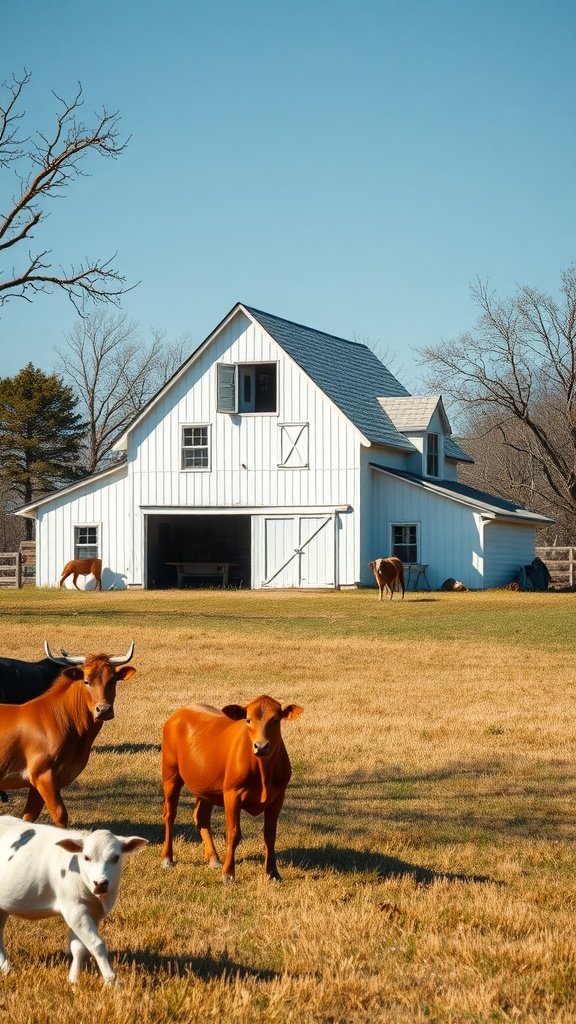 A rustic white barn house surrounded by grazing cattle in a sunny field.