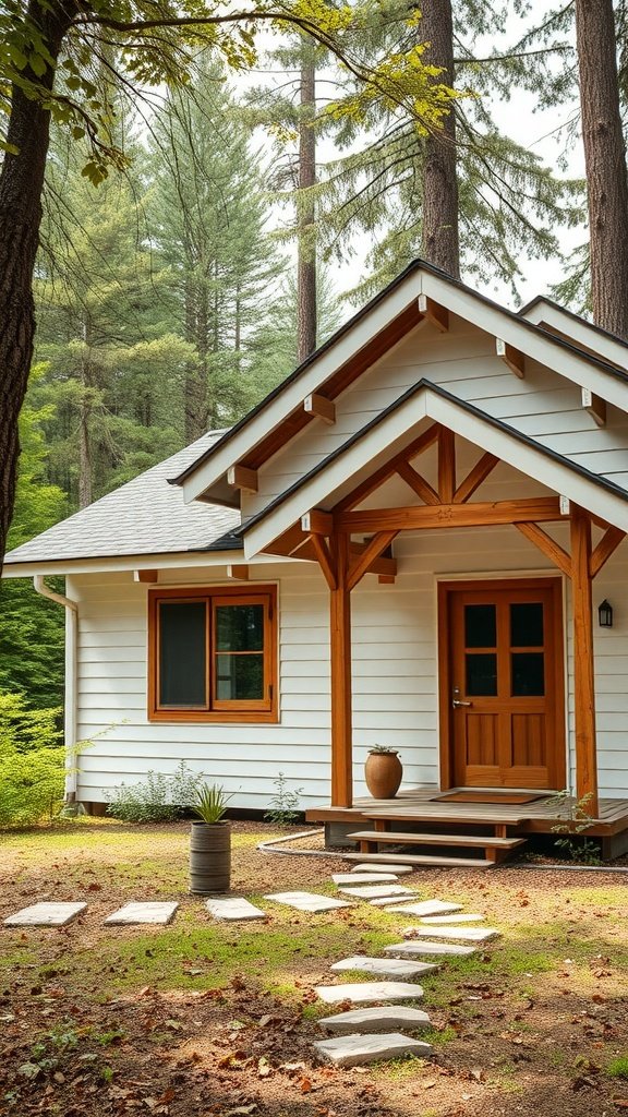 A rustic white bungalow surrounded by trees and a stone pathway leading to the entrance.