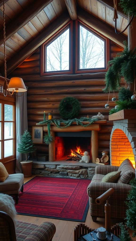 A cozy cabin living room with rustic wood accents, featuring a fireplace, holiday decor, and comfortable seating.