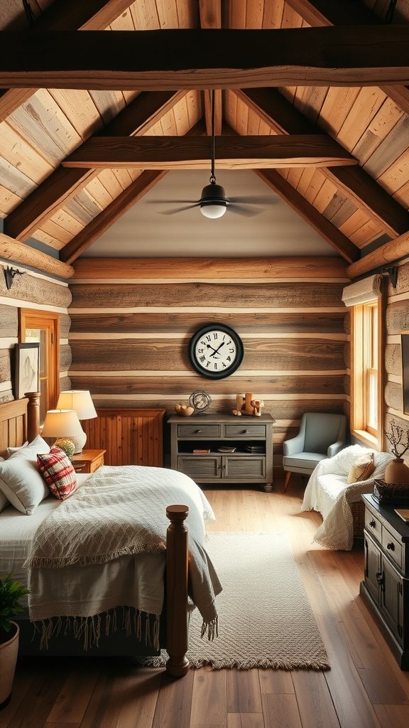 Cozy farmhouse guest bedroom with rustic wood accents, log walls, and warm lighting.