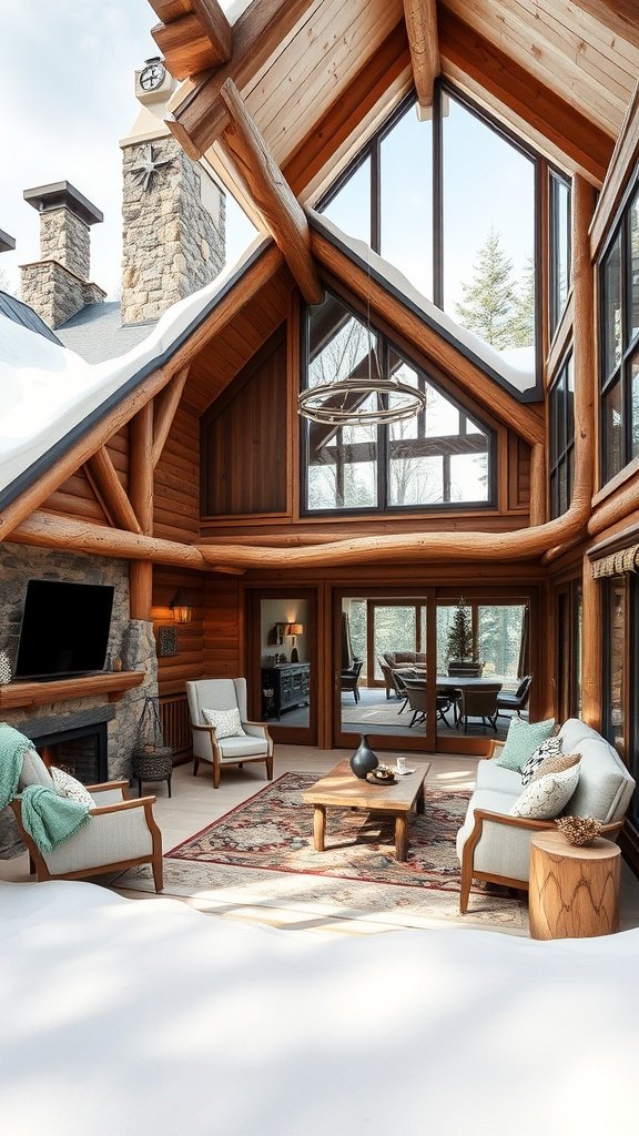 Interior view of a modern mountain home featuring rustic wood accents, a cozy seating area, and large windows