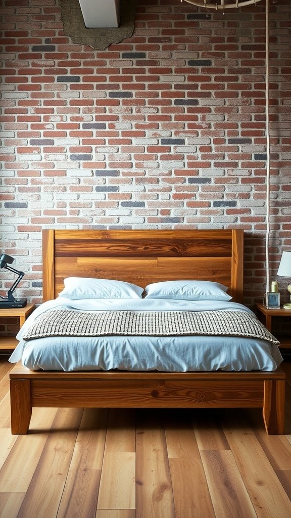 Rustic wood queen bed design with a simple headboard and soft bedding in a modern loft setting
