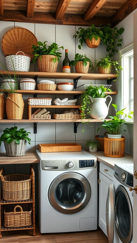 A rustic laundry room with wood shelving, plants, and woven baskets.
