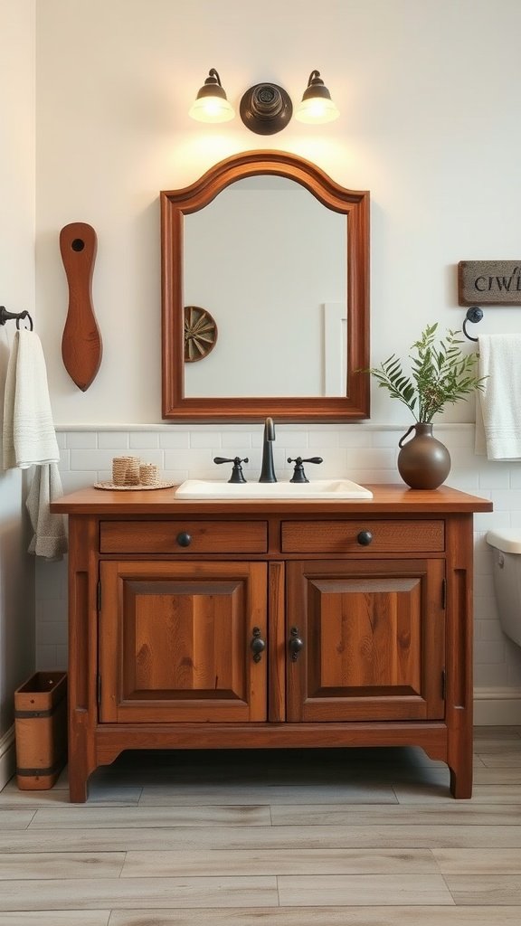 Rustic wood vanity in a farmhouse bathroom with double sinks and a wooden framed mirror