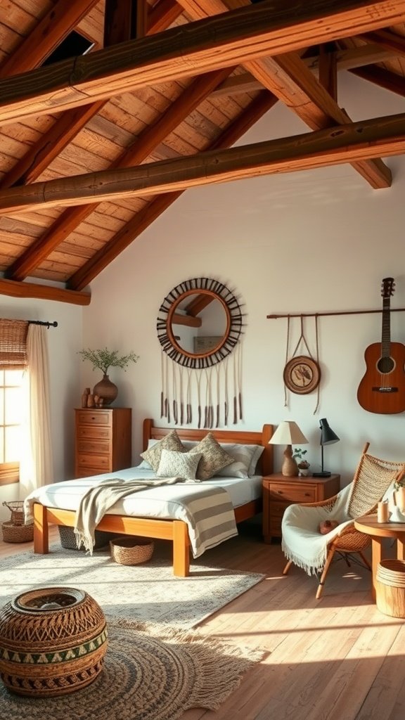 Cozy bohemian style bedroom with rustic wooden furniture and accents