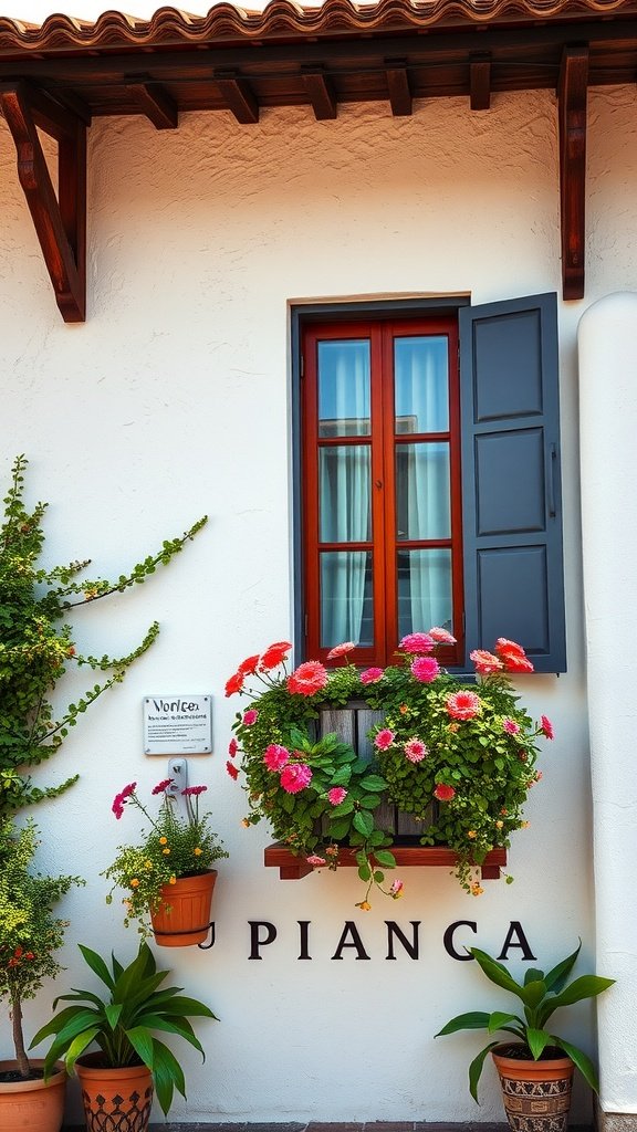 A house exterior featuring rustic wooden beams, a beautiful balcony with flowers, and a warm, inviting atmosphere.