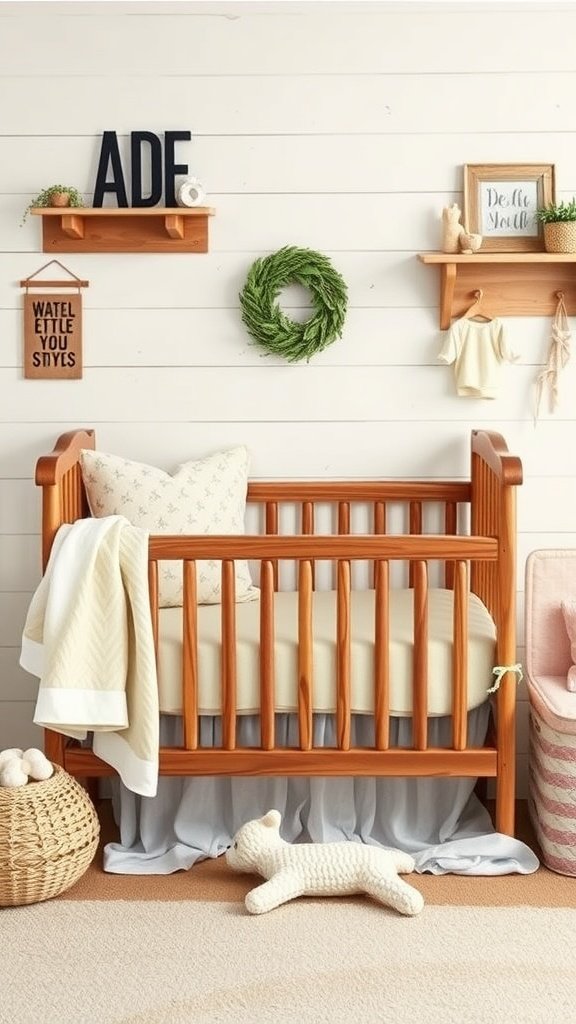 A cozy nursery featuring a rustic wooden crib, soft bedding, and charming decor.