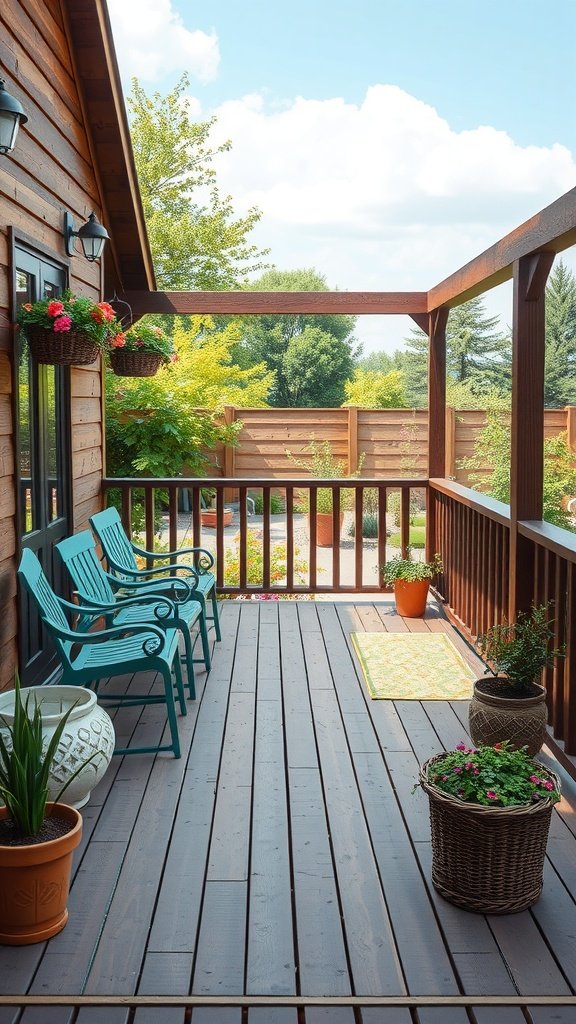 A rustic wooden deck with colorful flowers and seating under a clear blue sky.
