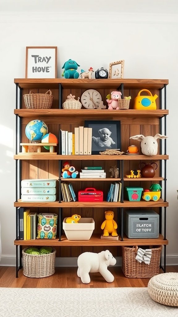Rustic wooden shelves filled with colorful toys and books in a cozy nursery