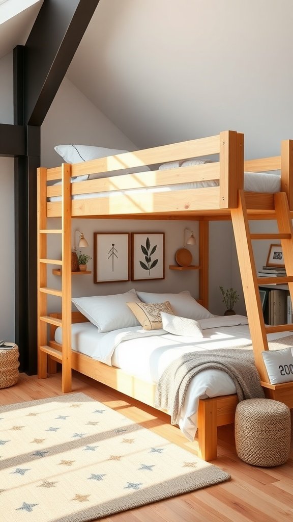 A Scandinavian-inspired loft bed with a lower queen bed and an upper bunk, featuring natural wood, cozy bedding, and stylish decor.