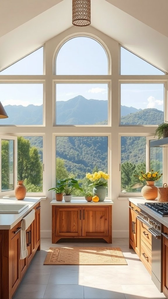 A kitchen with large windows showcasing mountain views, featuring wooden cabinets and plants.