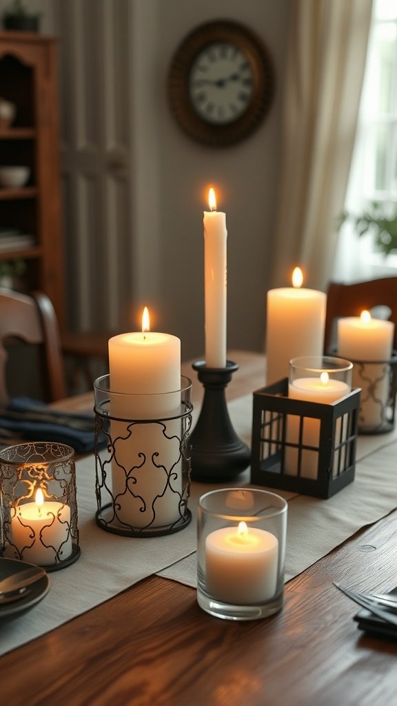 A beautiful arrangement of scented candles in various holders on a farmhouse dining table, creating a cozy atmosphere.