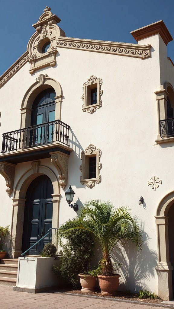 A Spanish house exterior featuring decorative moldings, a wrought iron balcony, and lush greenery in terracotta pots.