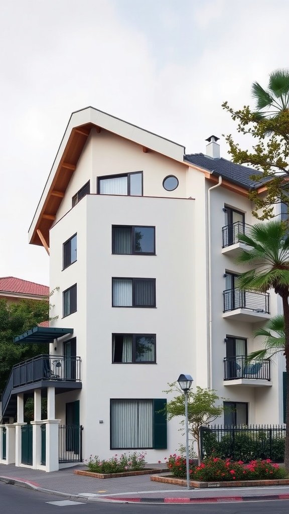 Modern house with a unique sculptural roof design featuring sharp angles and a wooden overhang.