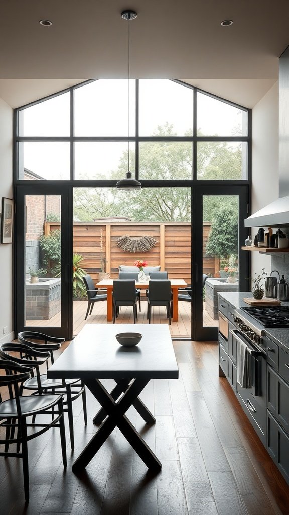 Modern loft kitchen with large glass doors leading to an outdoor dining area.