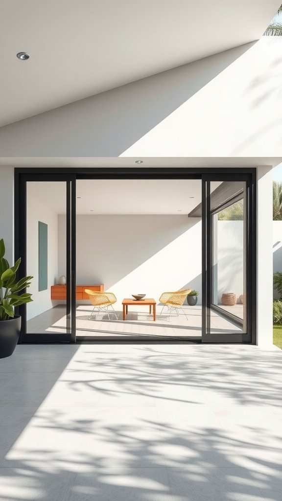 A modern living space with large glass doors that open to a patio, showcasing seamless indoor-outdoor living.