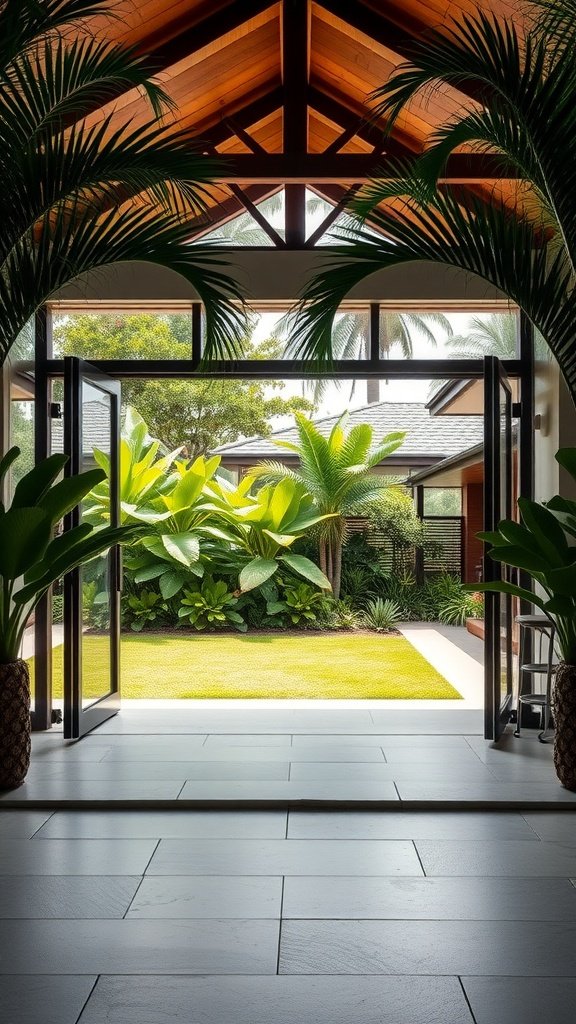 A view from inside a modern tropical house showcasing open doors leading to a lush garden.