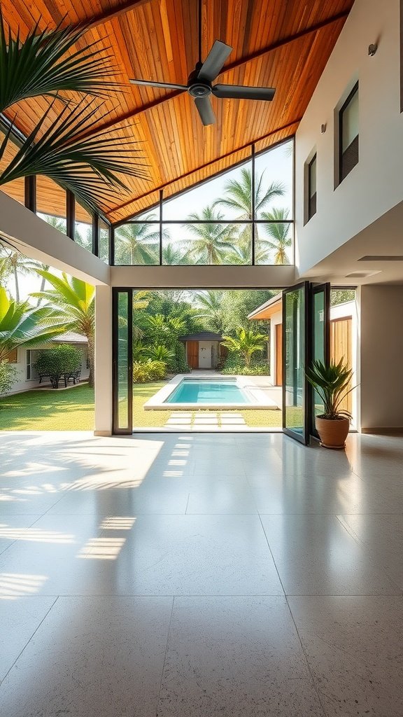A bright living space with large glass doors leading to a pool and tropical garden.