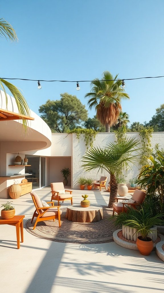A stylish outdoor patio with wooden furniture, potted plants, and a bright blue sky