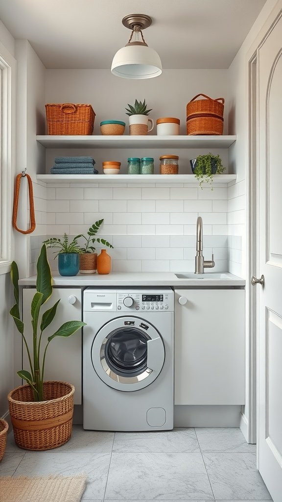 A well-organized farmhouse laundry room featuring a washing machine, open shelving with colorful baskets, plants, and a bright airy atmosphere.