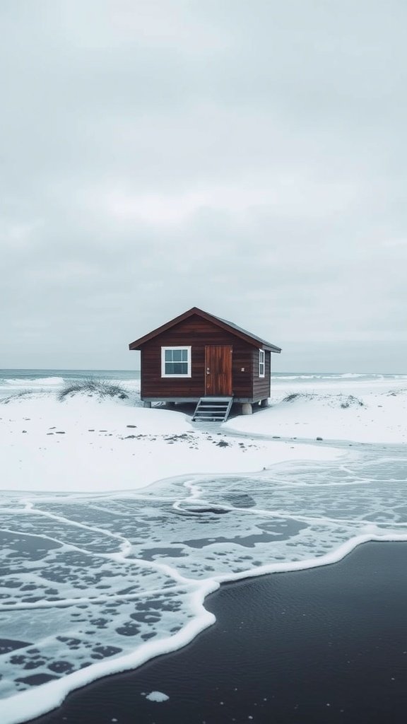 A small wooden cabin on a snowy beach with gentle ocean waves.