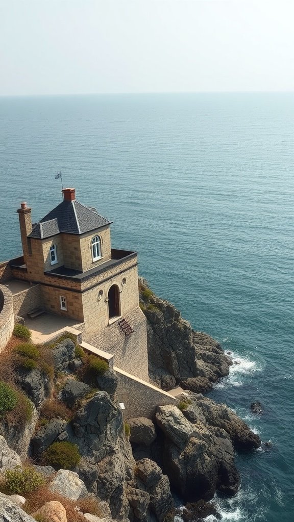 A seaside stone house perched on a cliff overlooking the ocean.