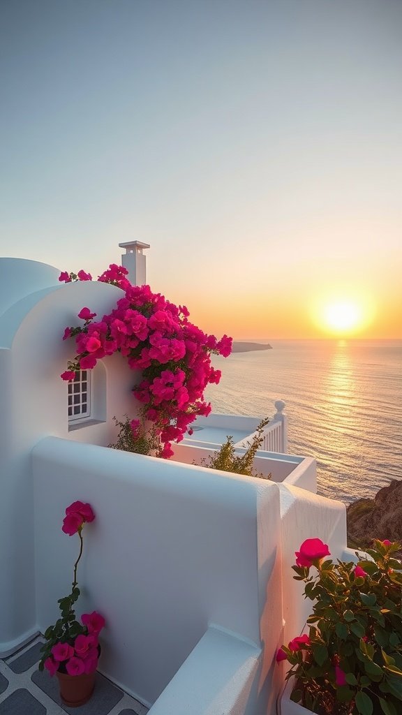 A whitewashed seaside house in Ibiza with vibrant pink flowers and a sunset view over the ocean.
