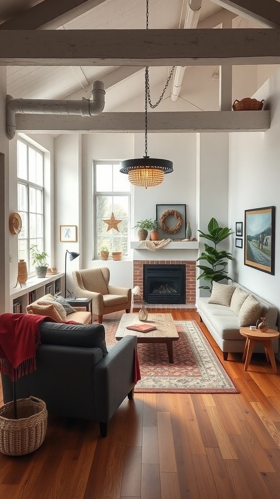 A stylish loft living room with a cozy and seasonal decor atmosphere.
