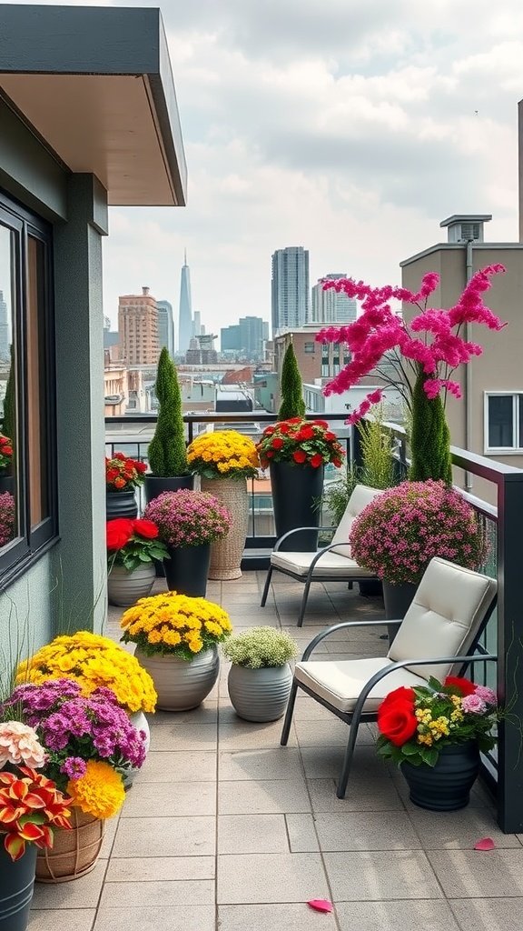 A luxurious penthouse terrace adorned with colorful seasonal flowers and stylish furniture, offering a beautiful outdoor space with a city skyline view.