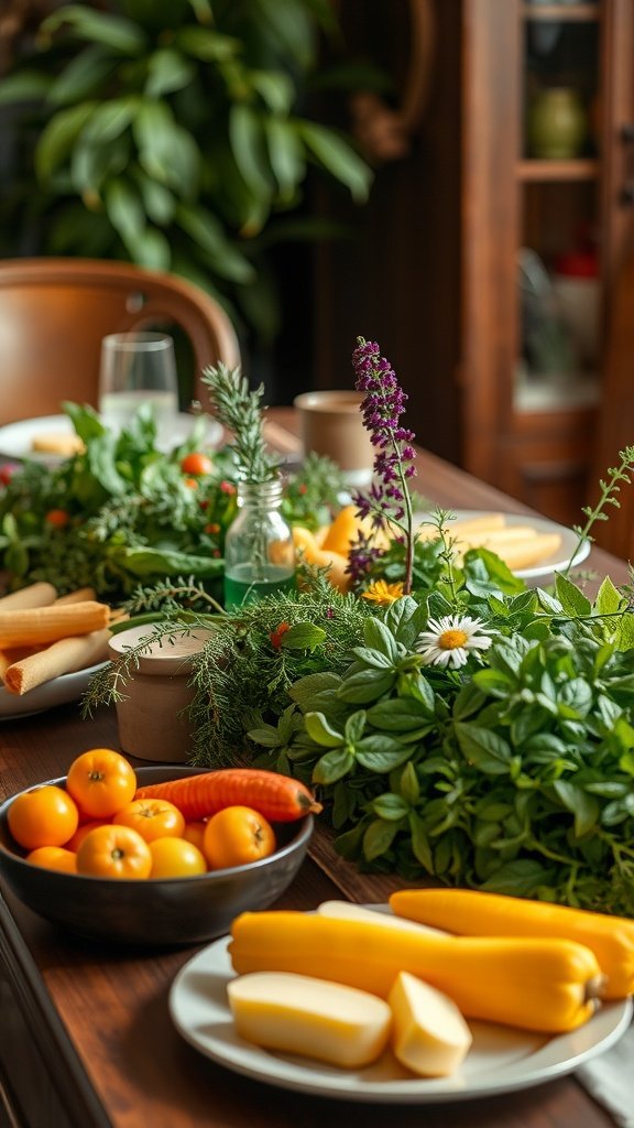 A beautifully arranged farmhouse table with fresh vegetables, herbs, and flowers, creating a colorful and inviting centerpiece.