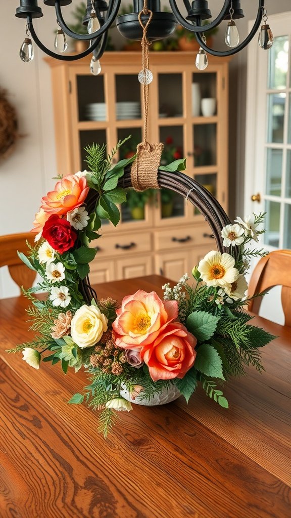 A colorful floral wreath hanging from a chandelier above a rustic wooden dining table.